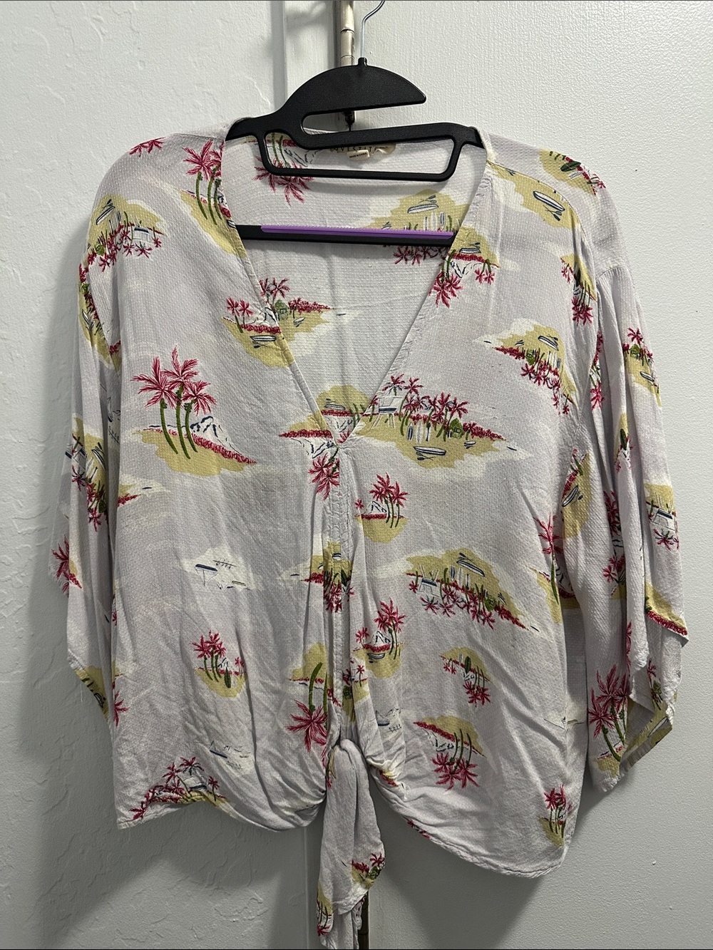 Love Stitch White Tropical Tie-Front V-Neck Blouse with Pink & Yellow Palm Print